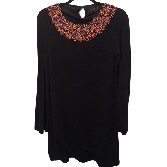 Dark Navy Blue Sweater Dress with Beaded Neckline- L